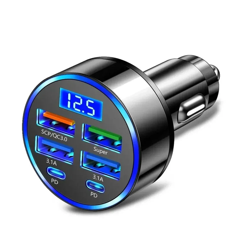 250 W PD-Autoladegerät QC3.0 Schnellladung Ein- bis Sechs-Zigarettenanzünderstecker Autoladegerät mit 5 Anschlüssen Blitzladung mit digitaler Anzeige