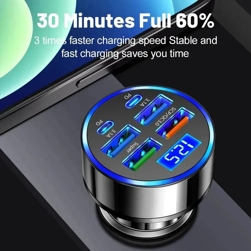 250 W PD-Autoladegerät QC3.0 Schnellladung Ein- bis Sechs-Zigarettenanzünderstecker Autoladegerät mit 5 Anschlüssen Blitzladung mit digitaler Anzeige