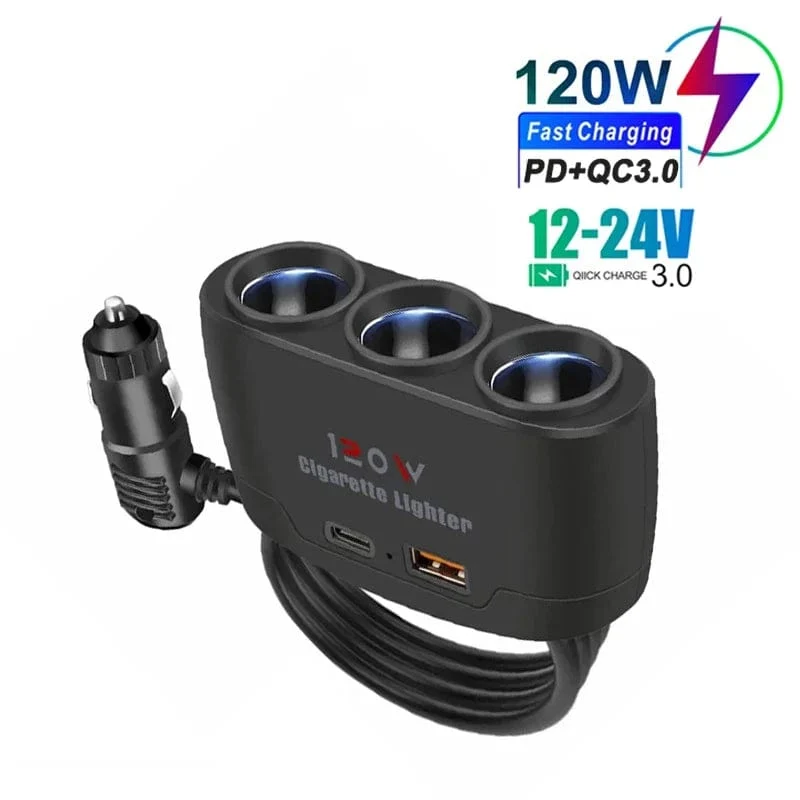 PD QC3.0 Dual USB-Buchse 120 W Auto-Zigarettenanzünder-Splitter 12 V 24 V Schnellladegerät Stecker Telefon Netzteil für Auto-DVR-Dashcam