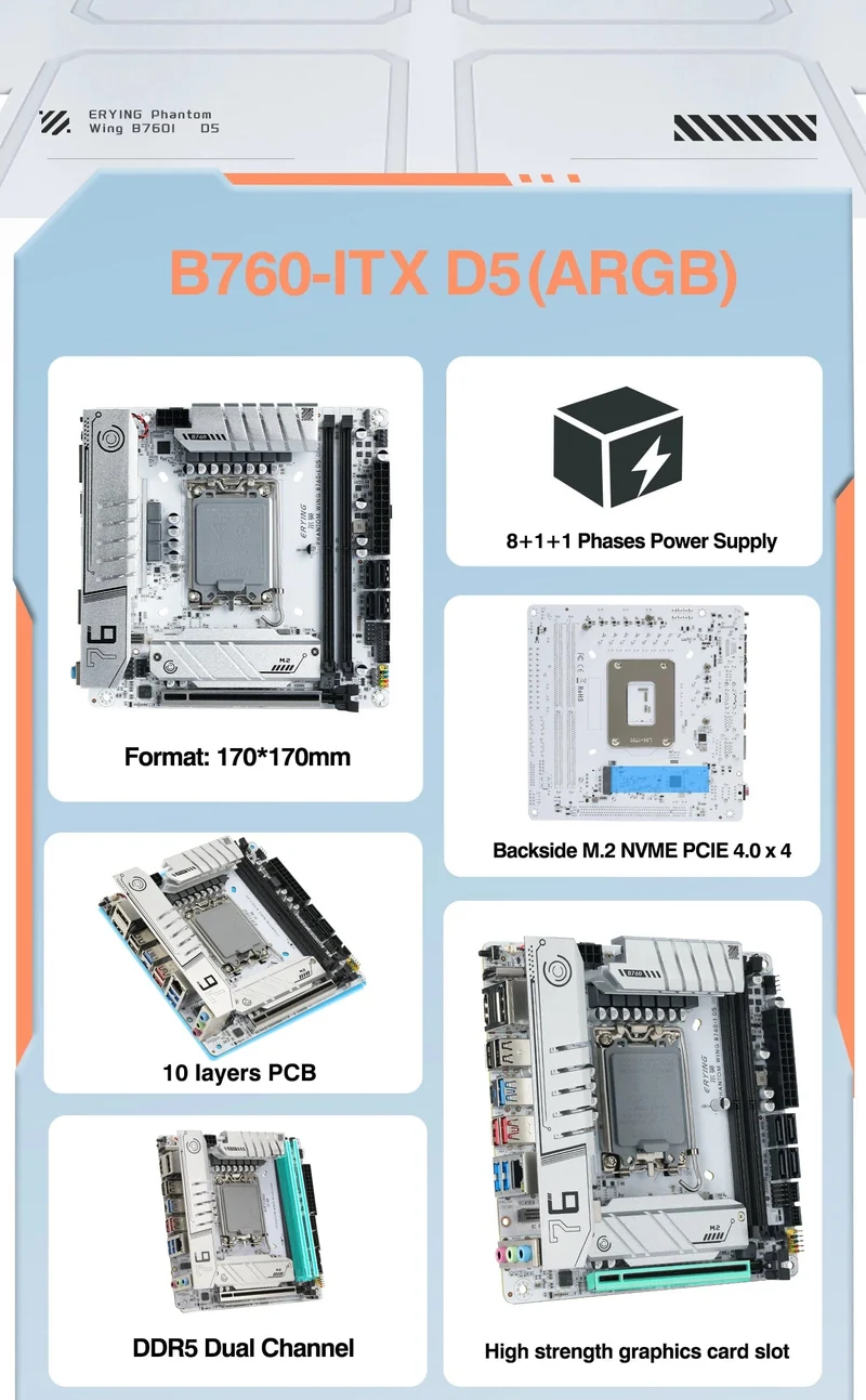 ERYING ITX B760i Gaming-Motherboard, ARGB, LGA 1700, 115x, unterstützt Core 12/13/14. i9/i7/i5/i3/Pentium, Dual Channel, DDR5 RAM, Weiß