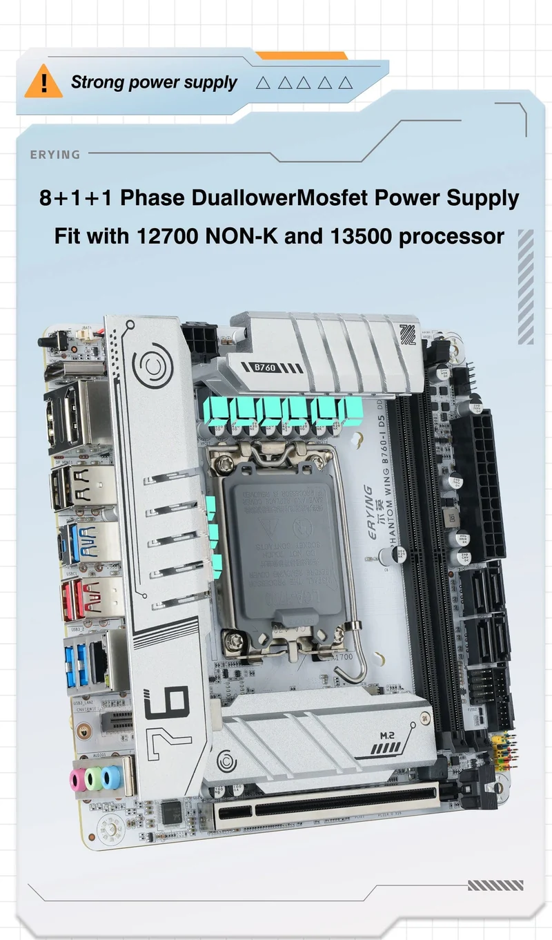 ERYING ITX B760i Gaming-Motherboard, ARGB, LGA 1700, 115x, unterstützt Core 12/13/14. i9/i7/i5/i3/Pentium, Dual Channel, DDR5 RAM, Weiß