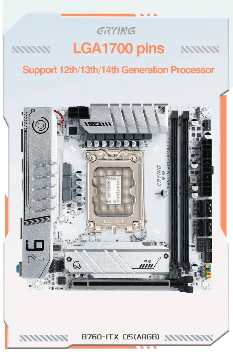 ERYING ITX B760i Gaming-Motherboard, ARGB, LGA 1700, 115x, unterstützt Core 12/13/14. i9/i7/i5/i3/Pentium, Dual Channel, DDR5 RAM, Weiß