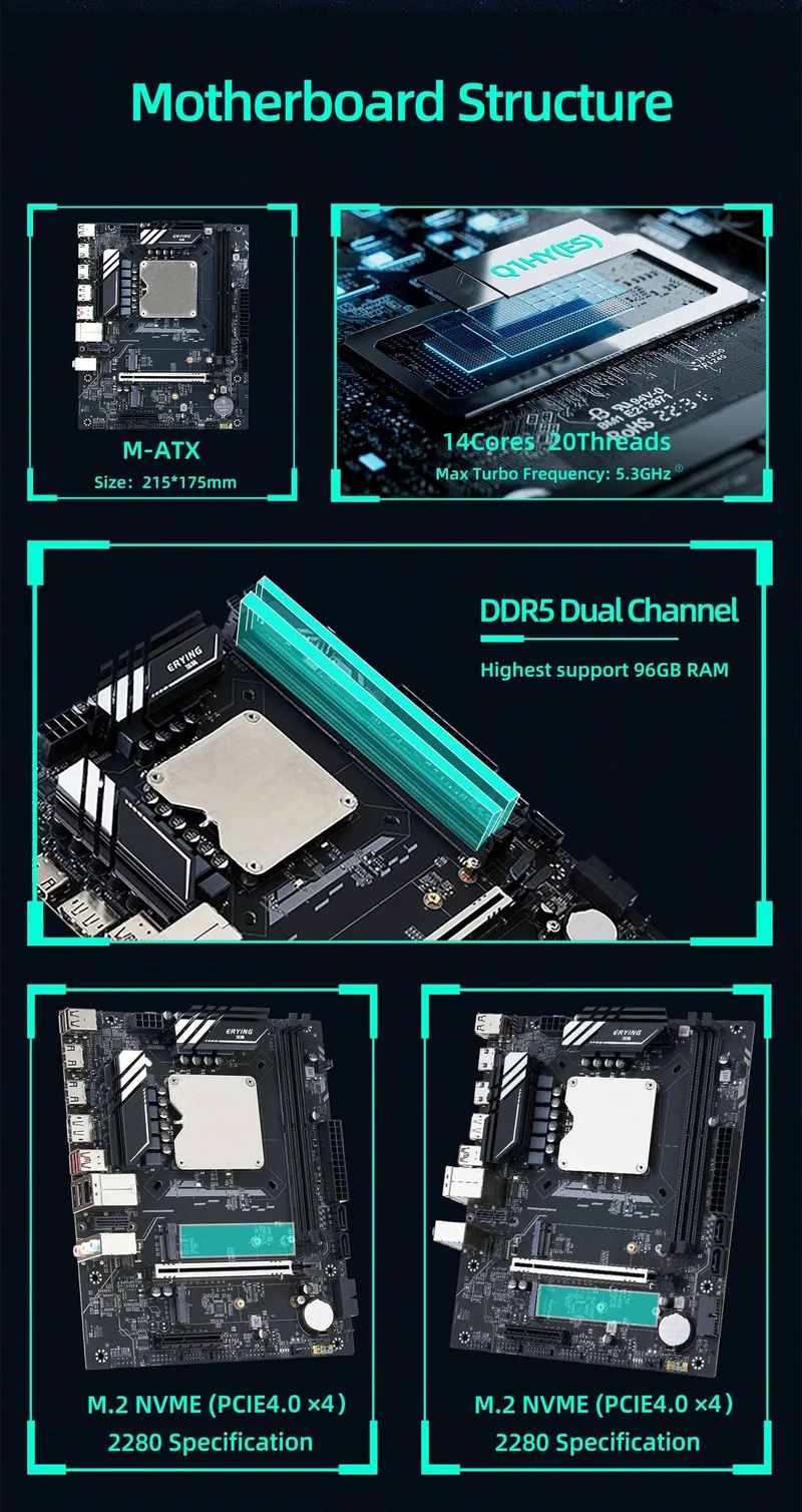 DIY-Gaming-Computer-Motherboard mit Onboard 13. Kit Interposer Core CPU Q1HY ES 0000 (siehe i9 13900HK) 14C20T DDR5 Desktops
