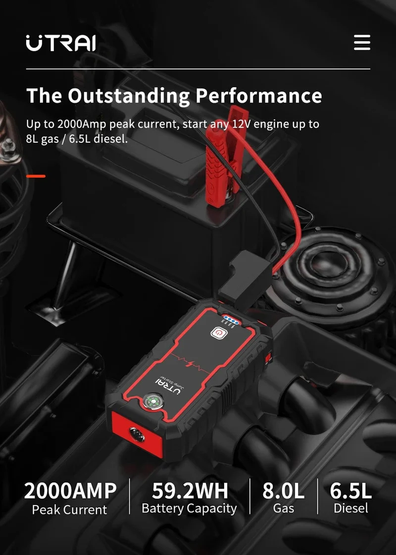 UTRAI 2000A Starthilfe Power Bank Tragbares Ladegerät Ausgangsgerät Für 8.0L/6.0L Notfall Autobatterie Starthilfe