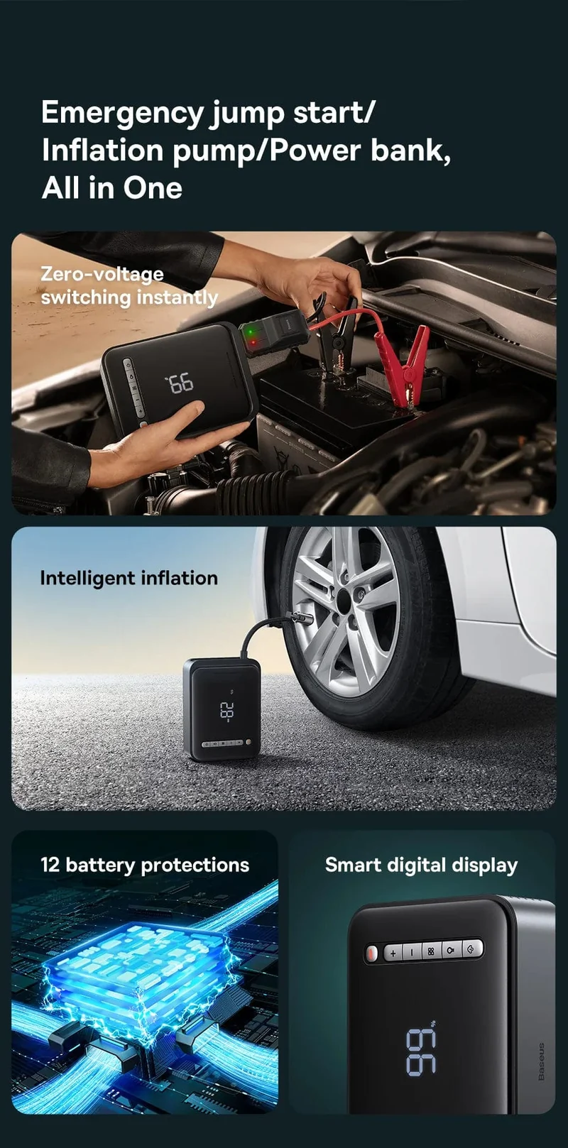 Baseus 2 In 1 Auto Starthilfe Power Bank Luft Kompressor Inflator Pumpe 1000A Tragbare Power Station Auto Batterie Ladegerät Booster