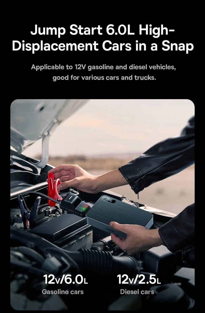 Baseus 1200A Auto-Starthilfe-Powerbank, 12000 mAh, tragbare Batteriestation für 2.5 l/6 l Auto-Notstartgerät