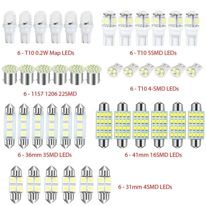 42-teiliges LED-Kombinationsset für die Innenraumbeleuchtung von Autos, 31 mm, 36 mm, 41 mm, T10 1157, 12 V, 6000 K, LED-Lichtkuppel, Ersatzbirnen, Leselampe