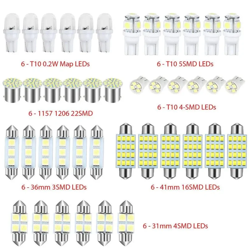 42-teiliges LED-Kombinationsset für die Innenraumbeleuchtung von Autos, 31 mm, 36 mm, 41 mm, T10 1157, 12 V, 6000 K, LED-Lichtkuppel, Ersatzbirnen, Leselampe