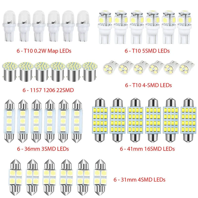 42-teiliges LED-Kombinationsset für die Innenraumbeleuchtung von Autos, 31 mm, 36 mm, 41 mm, T10 1157, 12 V, 6000 K, LED-Lichtkuppel, Ersatzbirnen, Leselampe