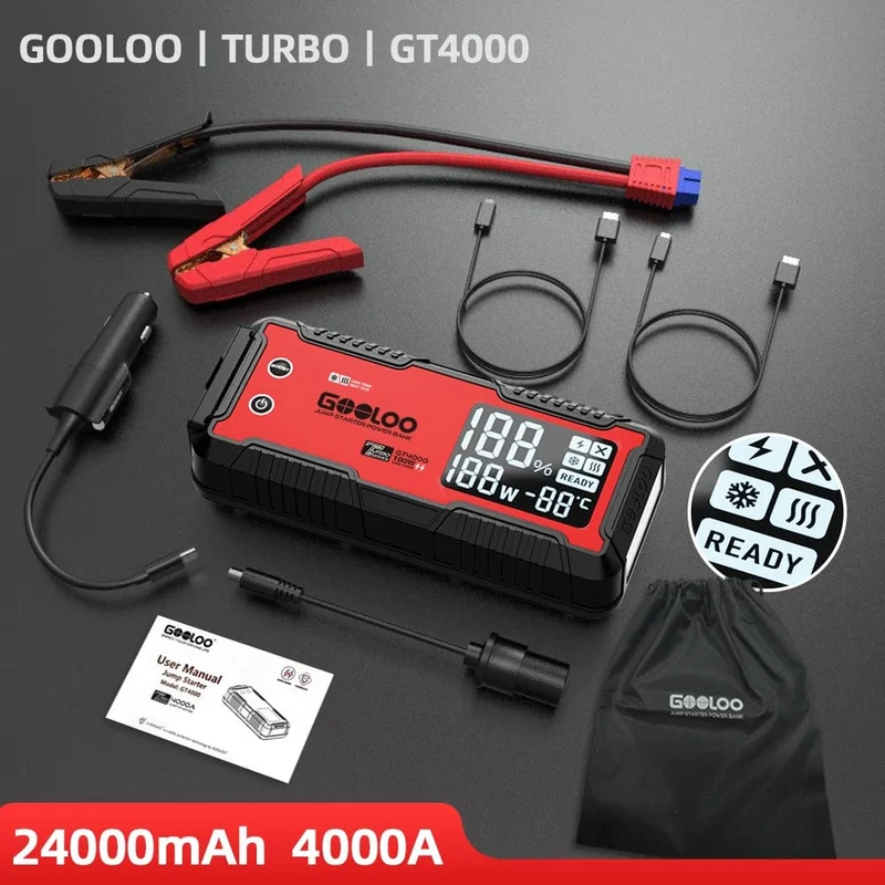 GOOLOO 12V Auto Starthilfe 4000A Autobatterie Starter 24000mAh Tragbare Power Bank Booster Auto Startgerät Notstart