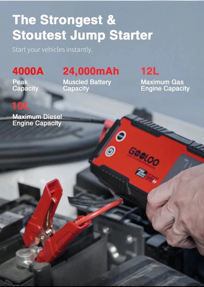 GOOLOO 12V Auto Starthilfe 4000A Autobatterie Starter 24000mAh Tragbare Power Bank Booster Auto Startgerät Notstart