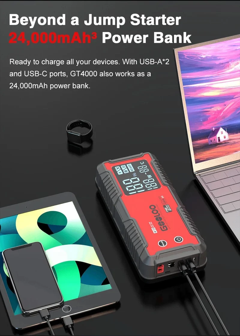GOOLOO 12V Auto Starthilfe 4000A Autobatterie Starter 24000mAh Tragbare Power Bank Booster Auto Startgerät Notstart