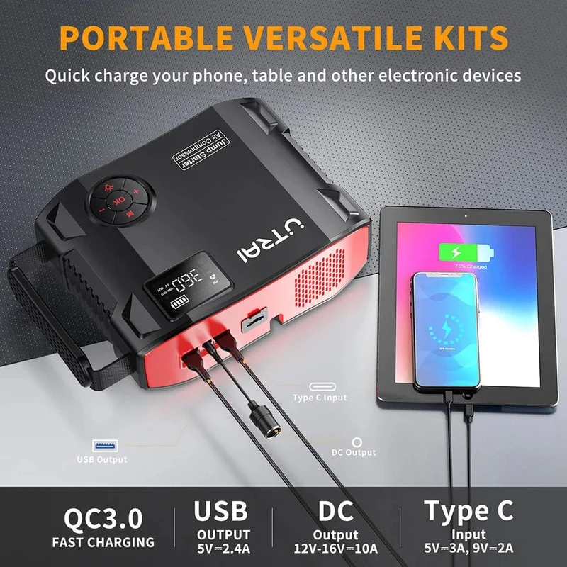 UTRAI 2000A 4 In 1 Starthilfe Power Pack Tragbares Autobatterie-Booster-Autostartgerät für Benzin-Dieselfahrzeuge