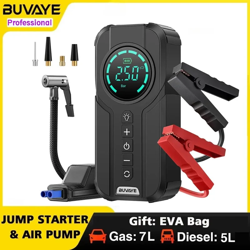 BUVAYE Auto-Starthilfe-Luftpumpe, Multifunktions-Luftkompressor, praktischer Reifenfüller, tragbarer Batteriestarter mit EVA-Tasche