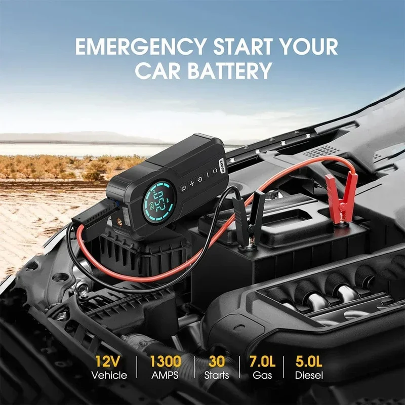BUVAYE Auto-Starthilfe-Luftpumpe, Multifunktions-Luftkompressor, praktischer Reifenfüller, tragbarer Batteriestarter mit EVA-Tasche