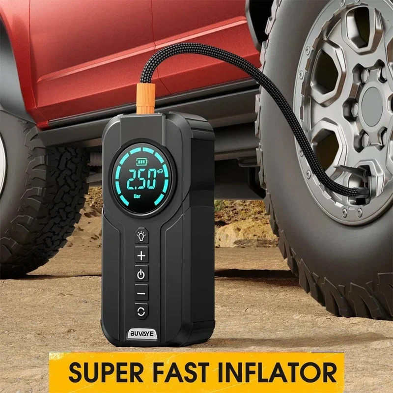 BUVAYE Auto-Starthilfe-Luftpumpe, Multifunktions-Luftkompressor, praktischer Reifenfüller, tragbarer Batteriestarter mit EVA-Tasche