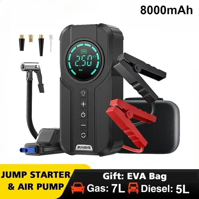 BUVAYE Auto-Starthilfe-Luftpumpe, Multifunktions-Luftkompressor, praktischer Reifenfüller, tragbarer Batteriestarter mit EVA-Tasche
