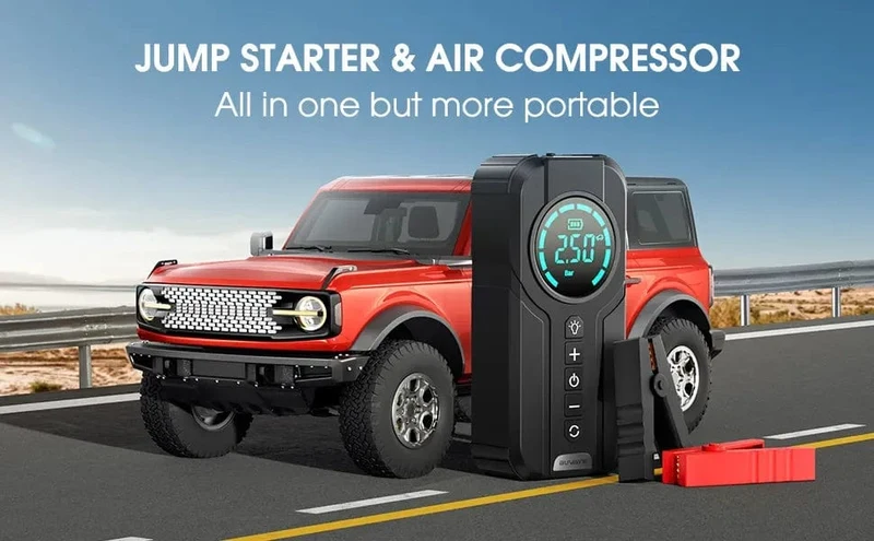 BUVAYE Auto-Starthilfe-Luftpumpe, Multifunktions-Luftkompressor, praktischer Reifenfüller, tragbarer Batteriestarter mit EVA-Tasche