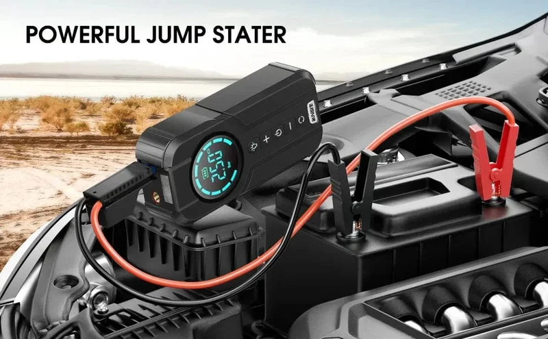 BUVAYE Auto-Starthilfe-Luftpumpe, Multifunktions-Luftkompressor, praktischer Reifenfüller, tragbarer Batteriestarter mit EVA-Tasche