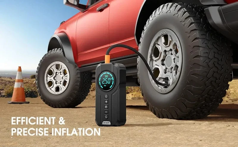BUVAYE Auto-Starthilfe-Luftpumpe, Multifunktions-Luftkompressor, praktischer Reifenfüller, tragbarer Batteriestarter mit EVA-Tasche