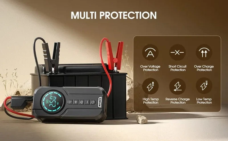 BUVAYE Auto-Starthilfe-Luftpumpe, Multifunktions-Luftkompressor, praktischer Reifenfüller, tragbarer Batteriestarter mit EVA-Tasche