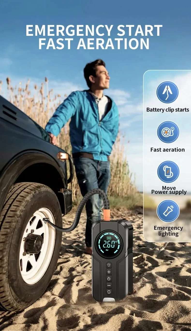BUVAYE Auto-Starthilfe-Luftpumpe, Multifunktions-Luftkompressor, praktischer Reifenfüller, tragbarer Batteriestarter mit EVA-Tasche