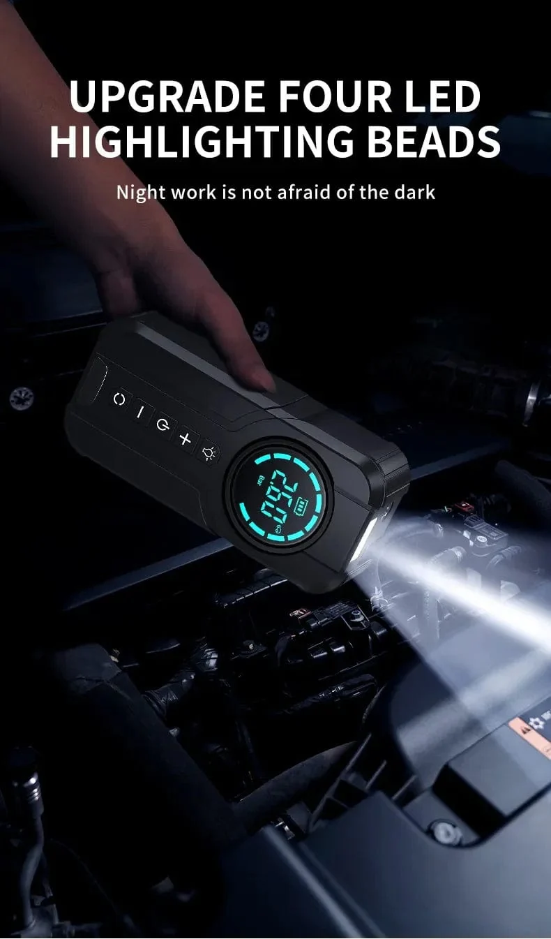 BUVAYE Auto-Starthilfe-Luftpumpe, Multifunktions-Luftkompressor, praktischer Reifenfüller, tragbarer Batteriestarter mit EVA-Tasche