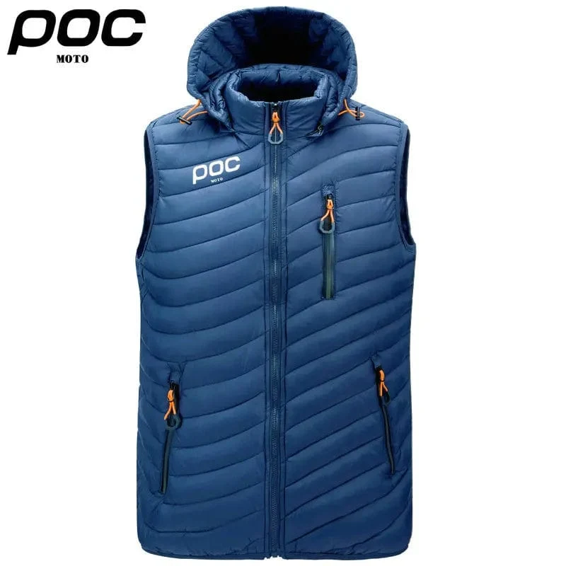 2023 männer Ärmellose Daunen Westen Feste Kapuze Weste Moto POC Radfahren Jacken Männlichen Winter Casual Taschen Weste Winddicht Jacke