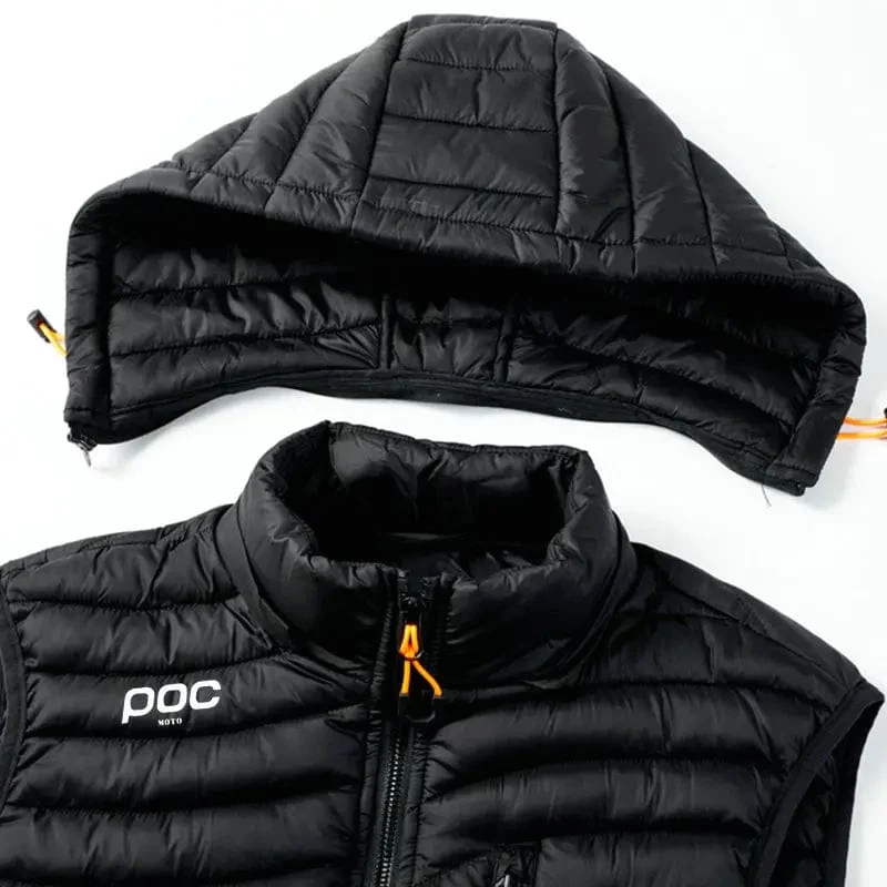 2023 männer Ärmellose Daunen Westen Feste Kapuze Weste Moto POC Radfahren Jacken Männlichen Winter Casual Taschen Weste Winddicht Jacke