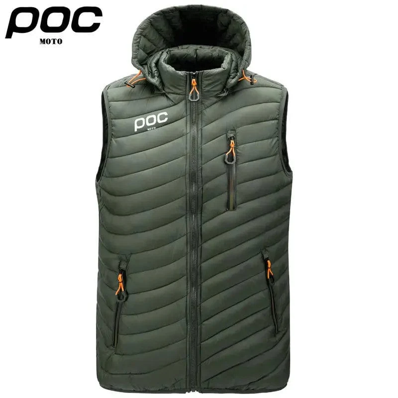 2023 männer Ärmellose Daunen Westen Feste Kapuze Weste Moto POC Radfahren Jacken Männlichen Winter Casual Taschen Weste Winddicht Jacke