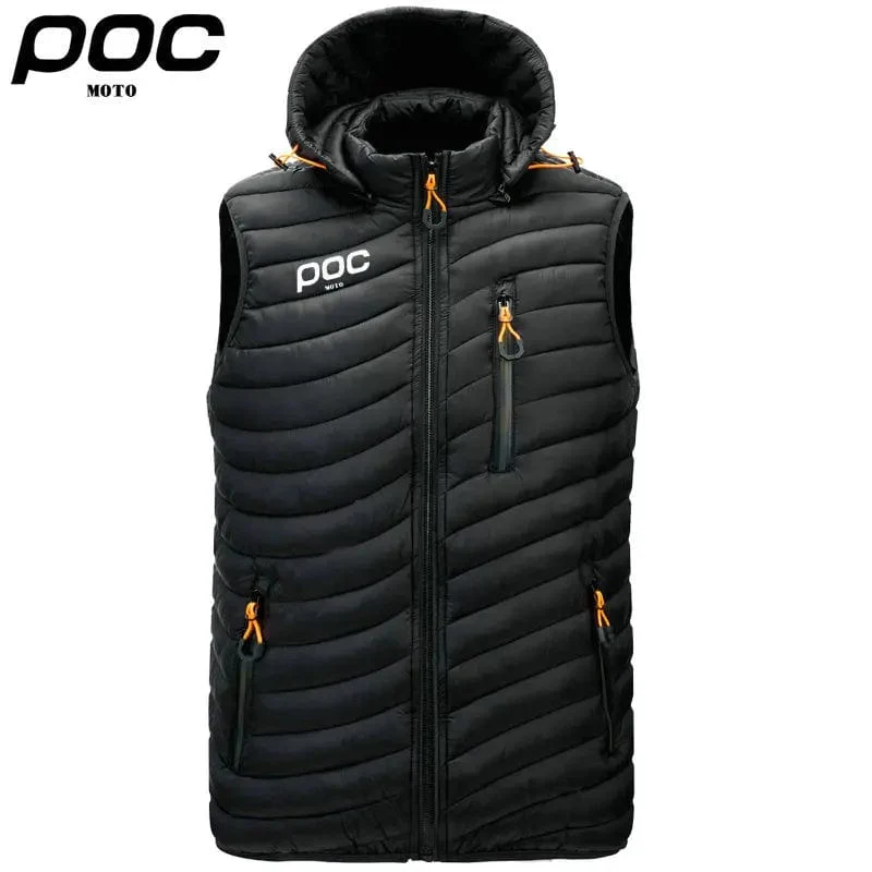 2023 männer Ärmellose Daunen Westen Feste Kapuze Weste Moto POC Radfahren Jacken Männlichen Winter Casual Taschen Weste Winddicht Jacke