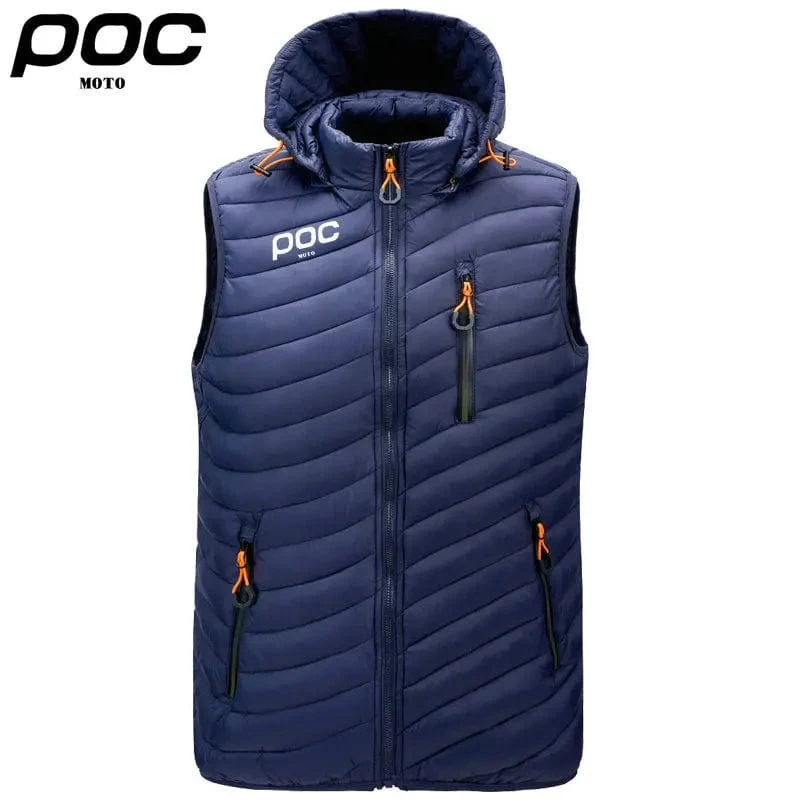 2023 männer Ärmellose Daunen Westen Feste Kapuze Weste Moto POC Radfahren Jacken Männlichen Winter Casual Taschen Weste Winddicht Jacke