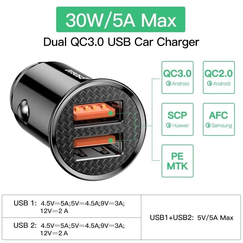 Baseus Dual USB Autoladegerät 5A Fast Charing 2 Port 12-24V Zigarettenanzünder Auto USBC Ladegerät für iPhone 12 Netzteil