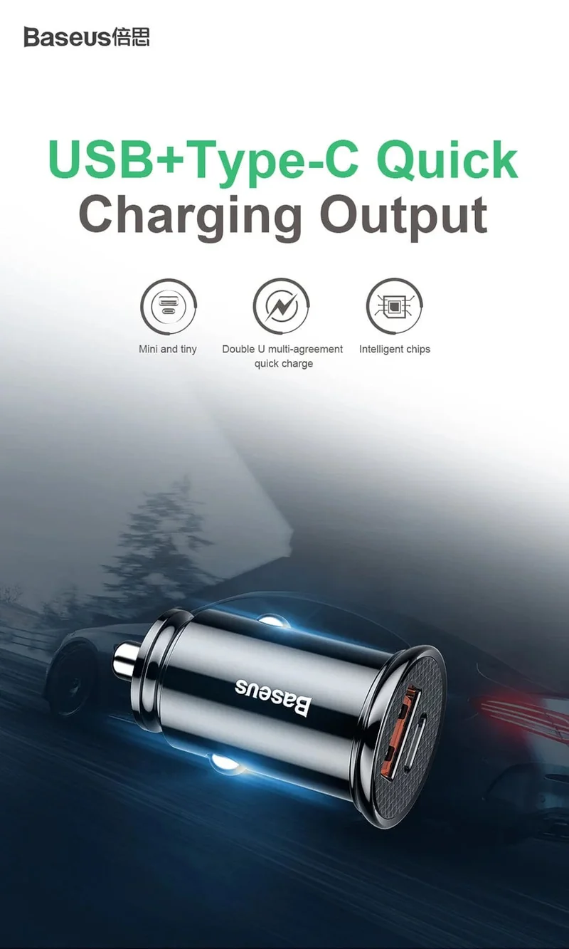 Baseus Dual USB Autoladegerät 5A Fast Charing 2 Port 12-24V Zigarettenanzünder Auto USBC Ladegerät für iPhone 12 Netzteil
