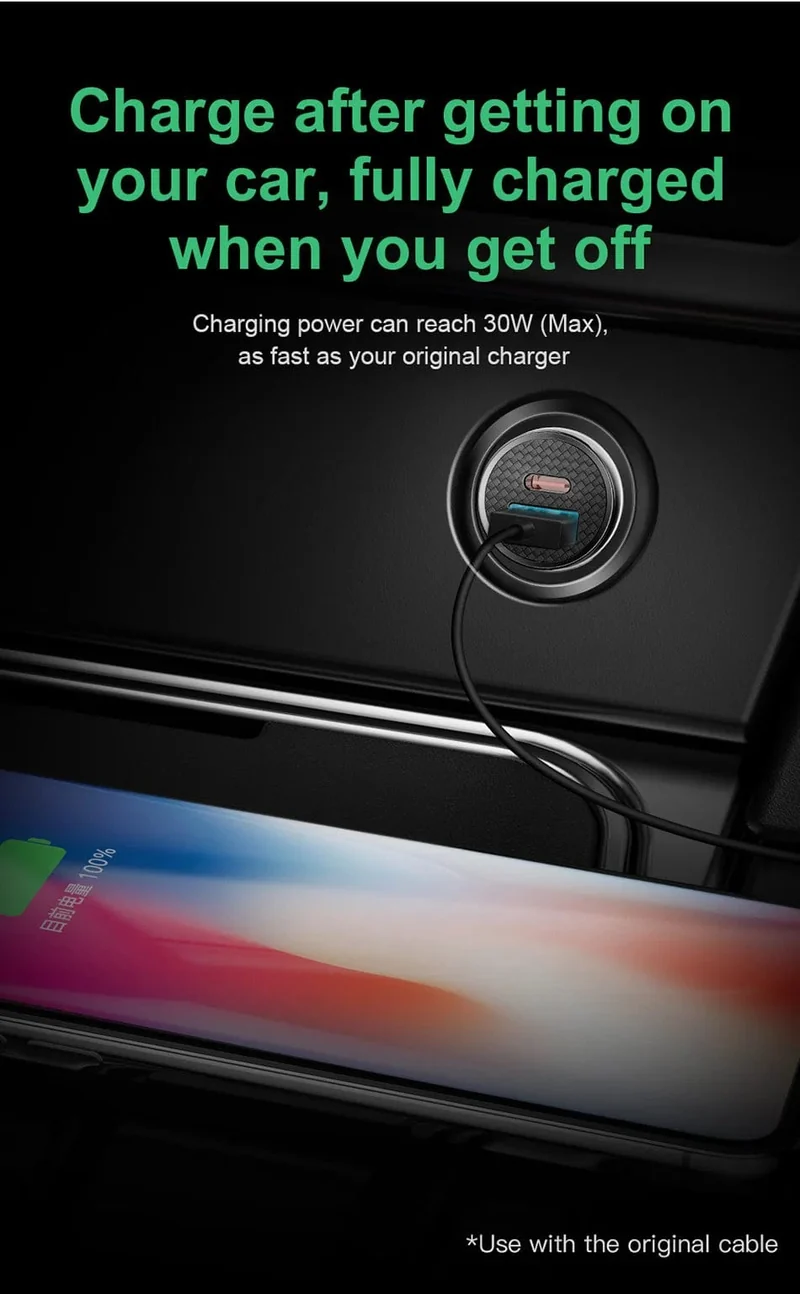 Baseus Dual USB Autoladegerät 5A Fast Charing 2 Port 12-24V Zigarettenanzünder Auto USBC Ladegerät für iPhone 12 Netzteil