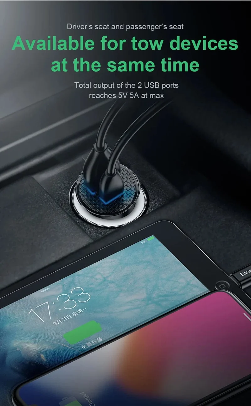 Baseus Dual USB Autoladegerät 5A Fast Charing 2 Port 12-24V Zigarettenanzünder Auto USBC Ladegerät für iPhone 12 Netzteil