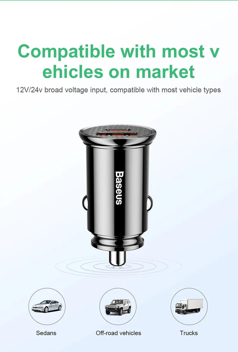 Baseus Dual USB Autoladegerät 5A Fast Charing 2 Port 12-24V Zigarettenanzünder Auto USBC Ladegerät für iPhone 12 Netzteil