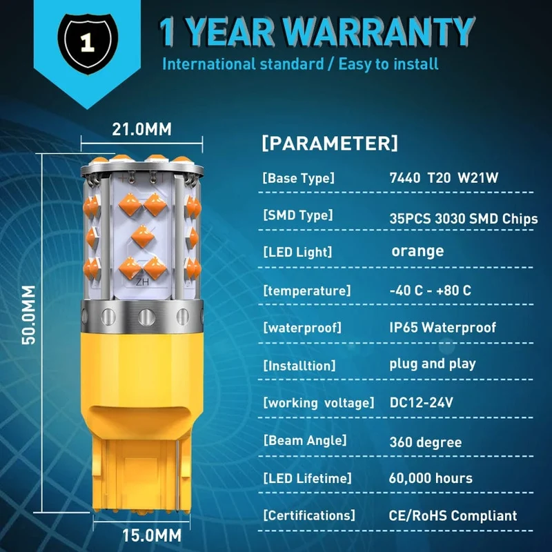 2 Stücke WY21W LED Canbus Kein Fehler Kein Hyper Flash Blinker Birne 3030 SMD T20 7440 W21W 1156 ba15s LED Lampe 12V Orange