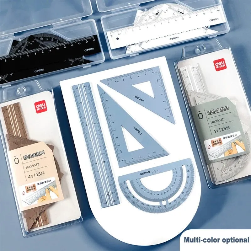 Deli Metalllineal, Schulzeichnung, Messdreieck, Lineal für Kinder, Lernwinkel, gerades Lineal, Set mit Bürozubehör