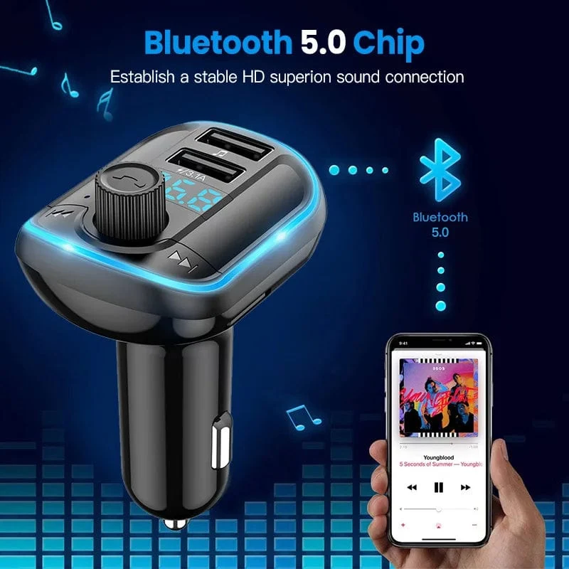 Bluetooth 5.0 FM-Transmitter Freisprecheinrichtung Autoradio-Modulator MP3-Player mit 22.5 W USB-Super-Quick-Charge-Adapter fürs Auto