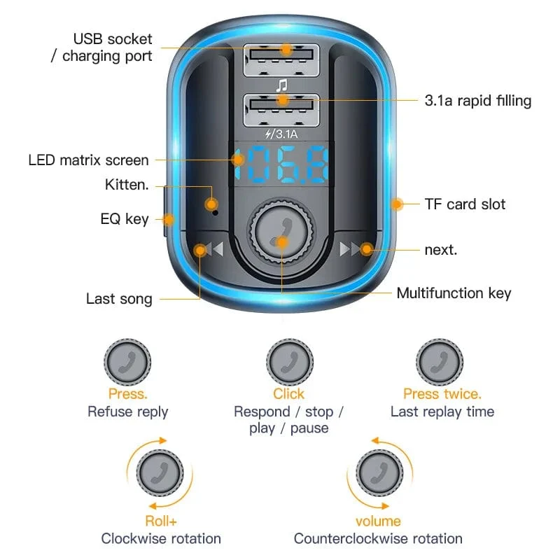Bluetooth 5.0 FM-Transmitter Freisprecheinrichtung Autoradio-Modulator MP3-Player mit 22.5 W USB-Super-Quick-Charge-Adapter fürs Auto