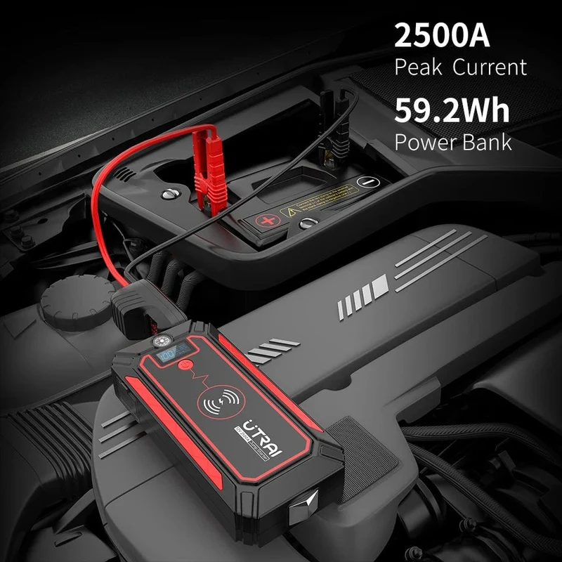 UTRAI 2500A Starthilfe Power Bank Batterie Tragbares Ladegerät 10W Kabelloses Laden LCD-Bildschirm Sicherheitshammer Auto-Startgerät