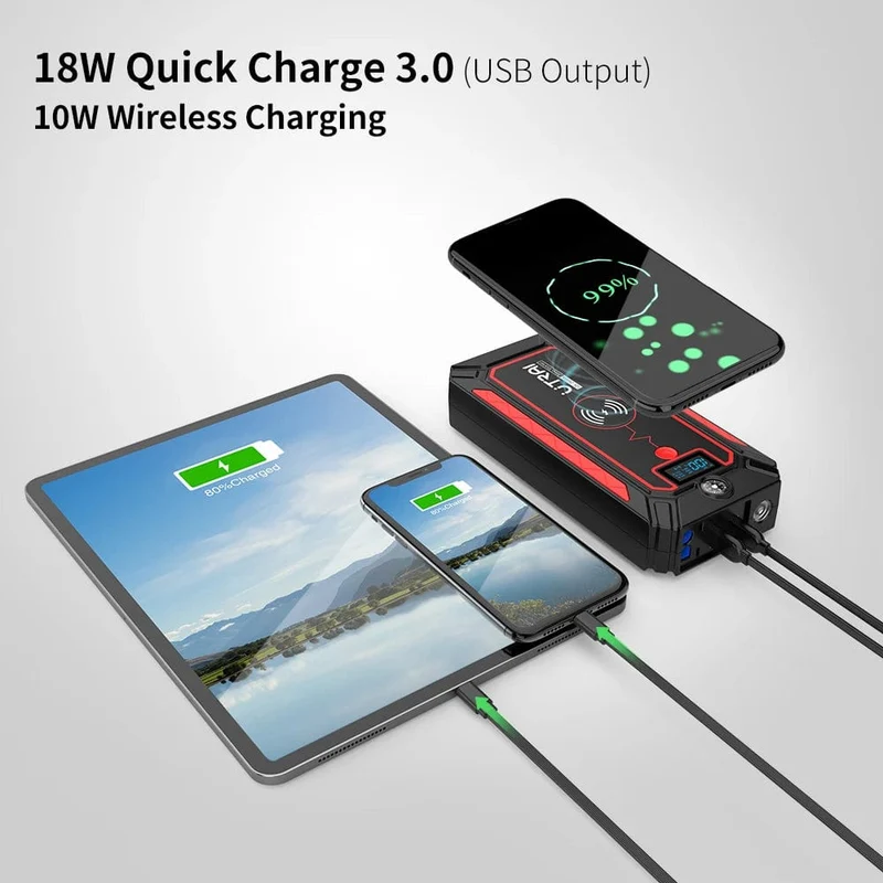 UTRAI 2500A Starthilfe Power Bank Batterie Tragbares Ladegerät 10W Kabelloses Laden LCD-Bildschirm Sicherheitshammer Auto-Startgerät