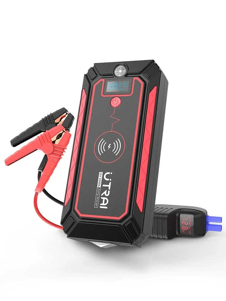 UTRAI 2500A Starthilfe Power Bank Batterie Tragbares Ladegerät 10W Kabelloses Laden LCD-Bildschirm Sicherheitshammer Auto-Startgerät