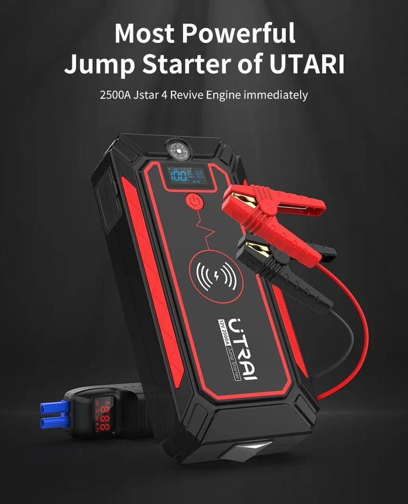 UTRAI 2500A Starthilfe Power Bank Batterie Tragbares Ladegerät 10W Kabelloses Laden LCD-Bildschirm Sicherheitshammer Auto-Startgerät