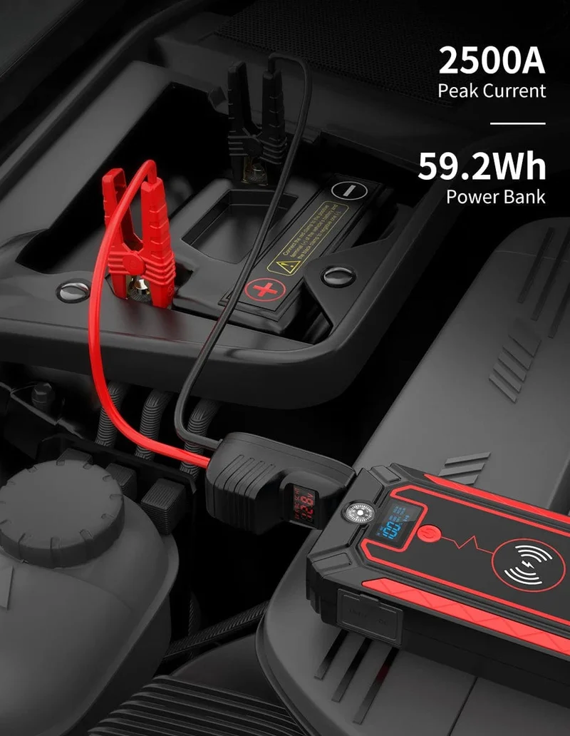 UTRAI 2500A Starthilfe Power Bank Batterie Tragbares Ladegerät 10W Kabelloses Laden LCD-Bildschirm Sicherheitshammer Auto-Startgerät