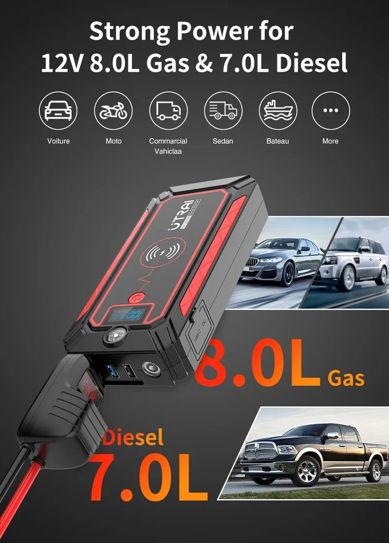 UTRAI 2500A Starthilfe Power Bank Batterie Tragbares Ladegerät 10W Kabelloses Laden LCD-Bildschirm Sicherheitshammer Auto-Startgerät