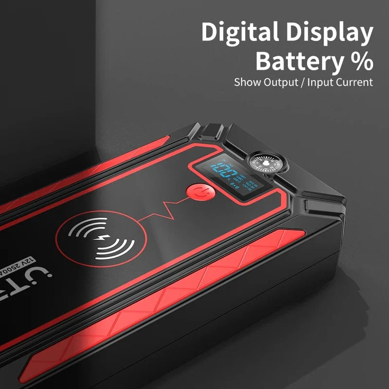 UTRAI 2500A Starthilfe Power Bank Batterie Tragbares Ladegerät 10W Kabelloses Laden LCD-Bildschirm Sicherheitshammer Auto-Startgerät