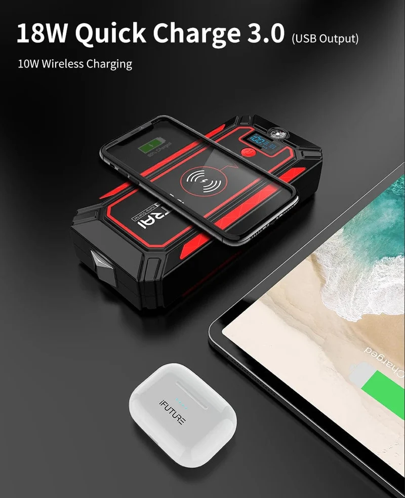 UTRAI 2500A Starthilfe Power Bank Batterie Tragbares Ladegerät 10W Kabelloses Laden LCD-Bildschirm Sicherheitshammer Auto-Startgerät