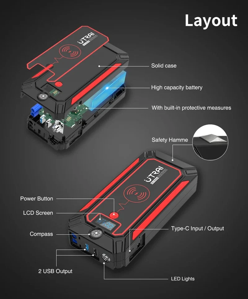 UTRAI 2500A Starthilfe Power Bank Batterie Tragbares Ladegerät 10W Kabelloses Laden LCD-Bildschirm Sicherheitshammer Auto-Startgerät